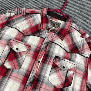 BKE Shirt Mens XL Extra Large Red Gray Plaid Athletic Fit Long Sleeve Western